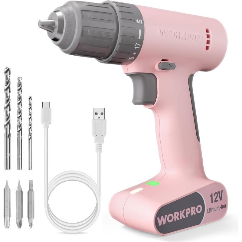 WORKPRO 12V Cordless Drill Driver Set Electric Power Drill Tool Kit with 6 Pcs Bits 38Inch Keyless Chuck Variable Speed 18 Touque Setting TypeC Charge Cable Led Light WhitePink