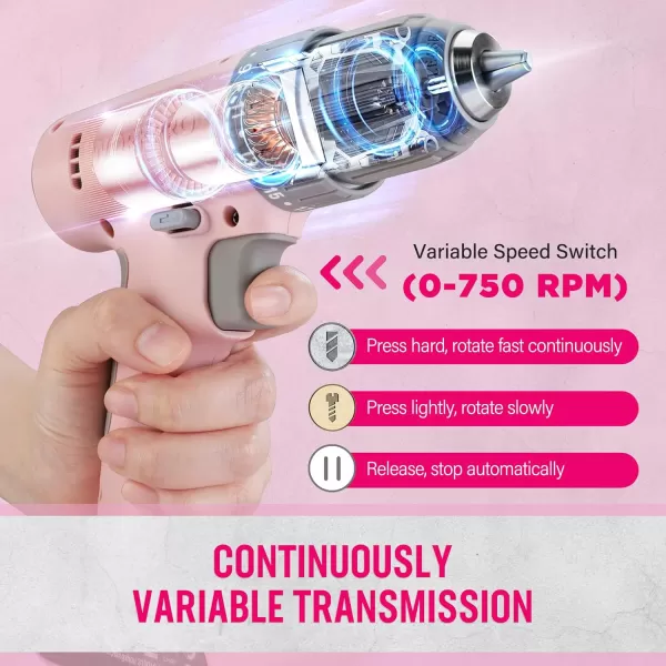 WORKPRO 12V Cordless Drill Driver Set Electric Power Drill Tool Kit with 6 Pcs Bits 38Inch Keyless Chuck Variable Speed 18 Touque Setting TypeC Charge Cable Led Light WhitePink