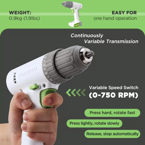 WORKPRO 12V Cordless Drill Driver Set Electric Power Drill Tool Kit with 6 Pcs Bits 38Inch Keyless Chuck Variable Speed 18 Touque Setting TypeC Charge Cable Led Light WhiteWhite