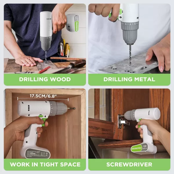 WORKPRO 12V Cordless Drill Driver Set Electric Power Drill Tool Kit with 6 Pcs Bits 38Inch Keyless Chuck Variable Speed 18 Touque Setting TypeC Charge Cable Led Light WhiteWhite