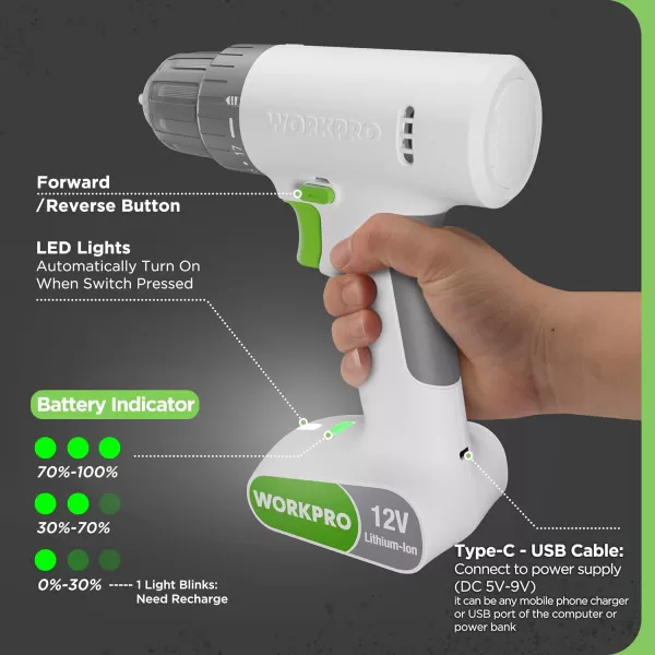 WORKPRO 12V Cordless Drill Driver Set Electric Power Drill Tool Kit with 6 Pcs Bits 38Inch Keyless Chuck Variable Speed 18 Touque Setting TypeC Charge Cable Led Light WhiteWhite