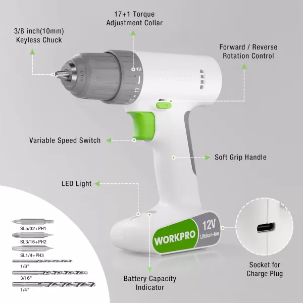 WORKPRO 12V Cordless Drill Driver Set Electric Power Drill Tool Kit with 6 Pcs Bits 38Inch Keyless Chuck Variable Speed 18 Touque Setting TypeC Charge Cable Led Light WhiteWhite