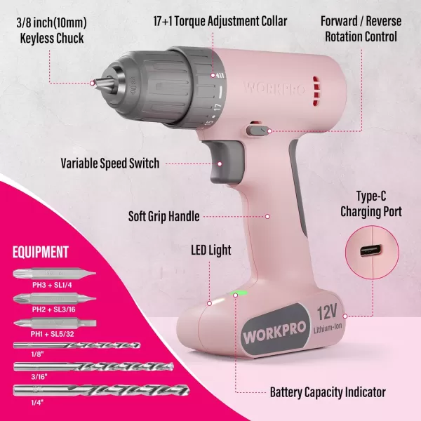 WORKPRO 12V Cordless Drill Driver Set Electric Power Drill Tool Kit with 6 Pcs Bits 38Inch Keyless Chuck Variable Speed 18 Touque Setting TypeC Charge Cable Led Light WhitePink