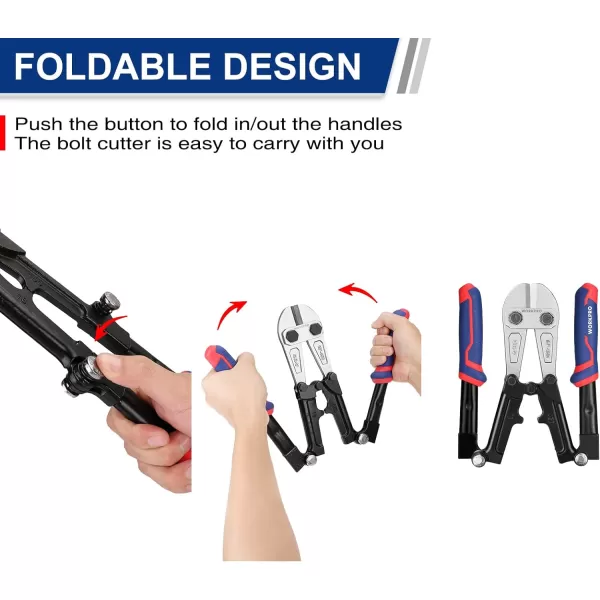 WORKPRO 18Inch Foldable Bolt Cutter TriMaterial Handle with Comfort Grip Chrome Vanadium Steel Blade for Rods Bolts Rivets Wires Cables and ChainsFoldable