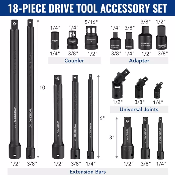 WORKPRO 18Pieces Drive Tool Accessory Set Includes Socket Adapters Socket Extension Bar Swivel Universal Joints and Impact Coupler 14 38 amp 12 DriveWORKPRO 18Pieces Drive Tool Accessory Set Includes Socket Adapters Socket Extension Bar Swivel Universal Joints and Impact Coupler 14 38 amp 12 Drive