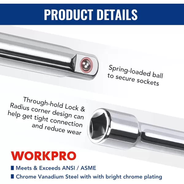 WORKPRO 19Piece Drive Tool Accessory Set Includes Socket Adapters Extensions Set Universal Joints and Sliding Bar Thandle Wrench 14 38 amp 12 Drive Chrome Vanadium Steel with Mirror FinishWORKPRO 19Piece Drive Tool Accessory Set Includes Socket Adapters Extensions Set Universal Joints and Sliding Bar Thandle Wrench 14 38 amp 12 Drive Chrome Vanadium Steel with Mirror Finish