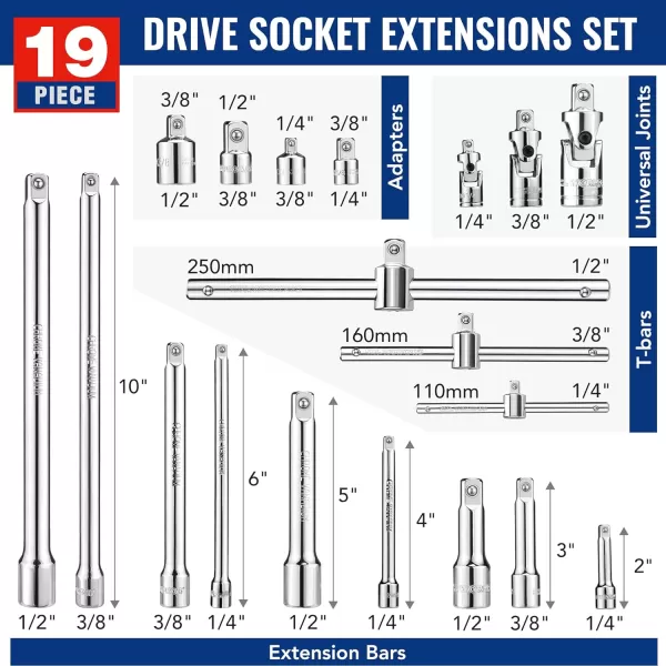 WORKPRO 19Piece Drive Tool Accessory Set Includes Socket Adapters Extensions Set Universal Joints and Sliding Bar Thandle Wrench 14 38 amp 12 Drive Chrome Vanadium Steel with Mirror FinishWORKPRO 19Piece Drive Tool Accessory Set Includes Socket Adapters Extensions Set Universal Joints and Sliding Bar Thandle Wrench 14 38 amp 12 Drive Chrome Vanadium Steel with Mirror Finish