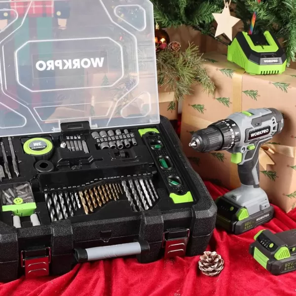WORKPRO 20V Max Cordless Drill Driver Set Electric Power Impact Drill Tool with 102 Pieces Accessories 12 Chuck Impact Drill Kit with Portable Case 2 x 20Ah Liion Batteries with Fast ChargerWORKPRO 20V Max Cordless Drill Driver Set Electric Power Impact Drill Tool with 102 Pieces Accessories 12 Chuck Impact Drill Kit with Portable Case 2 x 20Ah Liion Batteries with Fast Charger