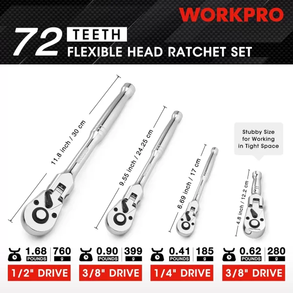 WORKPRO 2Piece Flex Head Ratchet Set 14 38 Drive 72Tooth Ratchet with Chromium Plating Quick Release Reversible Design 5 Degree Swing14 38 12 Drive amp 38 Drive Stubby