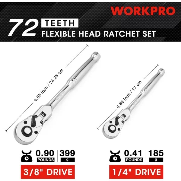 WORKPRO 2Piece Flex Head Ratchet Set 14 38 Drive 72Tooth Ratchet with Chromium Plating Quick Release Reversible Design 5 Degree Swing14 38 Drive