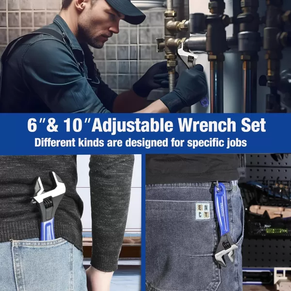 WORKPRO 2piece Adjustable Wrench Set 6Inch amp 10Inch Wrenches Wide Jaw Black Oxide Wrench With Cushion Grip Metric amp SAE Scales CrV Steel for Home Garage Workshop6 amp 10 inch