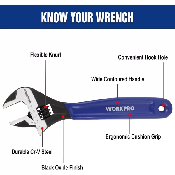 WORKPRO 2piece Adjustable Wrench Set 6Inch amp 10Inch Wrenches Wide Jaw Black Oxide Wrench With Cushion Grip Metric amp SAE Scales CrV Steel for Home Garage Workshop8 inch