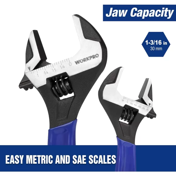 WORKPRO 2piece Adjustable Wrench Set 6Inch amp 10Inch Wrenches Wide Jaw Black Oxide Wrench With Cushion Grip Metric amp SAE Scales CrV Steel for Home Garage Workshop8 inch