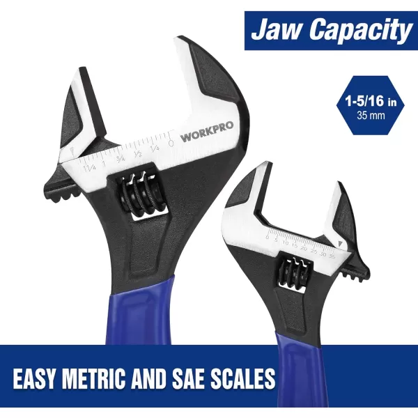 WORKPRO 2piece Adjustable Wrench Set 6Inch amp 10Inch Wrenches Wide Jaw Black Oxide Wrench With Cushion Grip Metric amp SAE Scales CrV Steel for Home Garage Workshop10 inch
