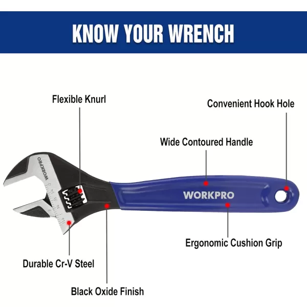 WORKPRO 2piece Adjustable Wrench Set 6Inch amp 10Inch Wrenches Wide Jaw Black Oxide Wrench With Cushion Grip Metric amp SAE Scales CrV Steel for Home Garage Workshop6 amp 10 inch