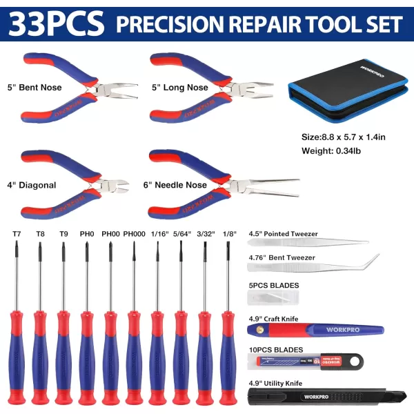 WORKPRO 33PCS Precision Repair Tool Set Includes Pliers Set Screwdrivers Set Craft amp Utility Knife Tweezers Electronic Repair Tool Kit with Pouch for Laptops Phones Computer  Pink RibbonBlue