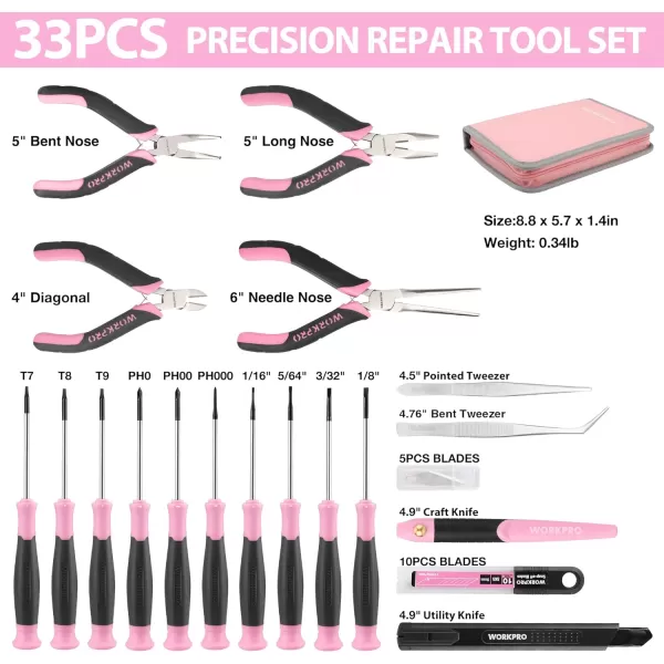 WORKPRO 33PCS Precision Repair Tool Set Includes Pliers Set Screwdrivers Set Craft amp Utility Knife Tweezers Electronic Repair Tool Kit with Pouch for Laptops Phones Computer  Pink RibbonPink