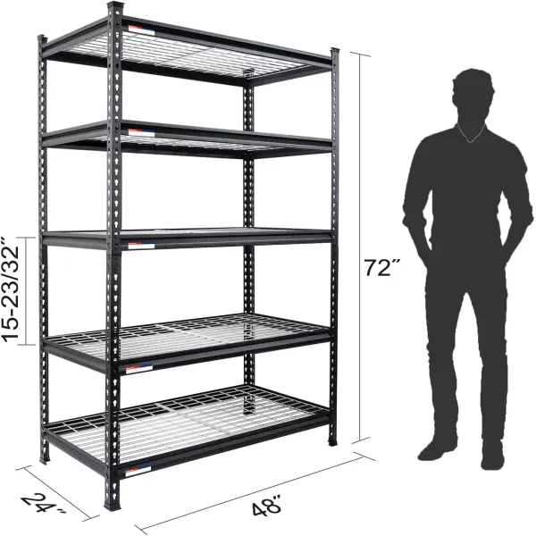 WORKPRO 5Tier Metal Storage Shelving Unit 48W x 24D x 72H Adjustable Storage Rack Heavy Duty Shelf 4000 lbs Load Capacity Total for Garage Kitchen Bathroom Warehouse BlackSliver48u201DW x 24u201DD x 72u201DH Black With Silver Pattern