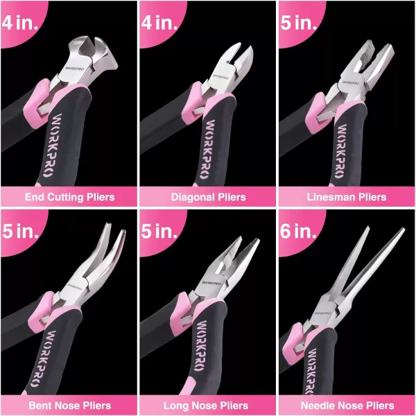 WORKPRO 6piece Mini Pliers Set  Needle Nose Diagonal Long Nose Bent Nose End Cutting and Linesman for Making Crafts Repairing Electronic Devices with PouchPink