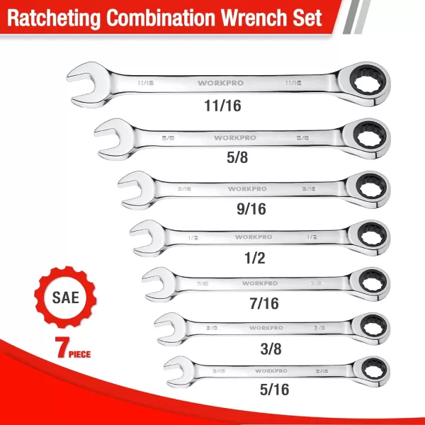 WORKPRO 7Piece Ratcheting Combination Wrench Set 72 Teeth Combo Ratchet Wrenches Set with Roll Up Pouch Metric 8mm17mmSAE