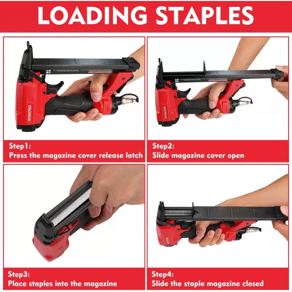 WORKPRO 8016 Pneumatic Staple Gun 21 Gauge Upholstery Stapler with 1500pcs Staples 14to 58 AirPowered Rear Exhaust for Carpentry Woodworking and DIY Projects21G 8016