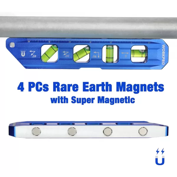 WORKPRO 8Inch Magnetic Torpedo Level Aluminum Alloy Construction 4 Bubble Vials for 0904530 Measurements Cobalt BlueWORKPRO 8Inch Magnetic Torpedo Level Aluminum Alloy Construction 4 Bubble Vials for 0904530 Measurements Cobalt Blue