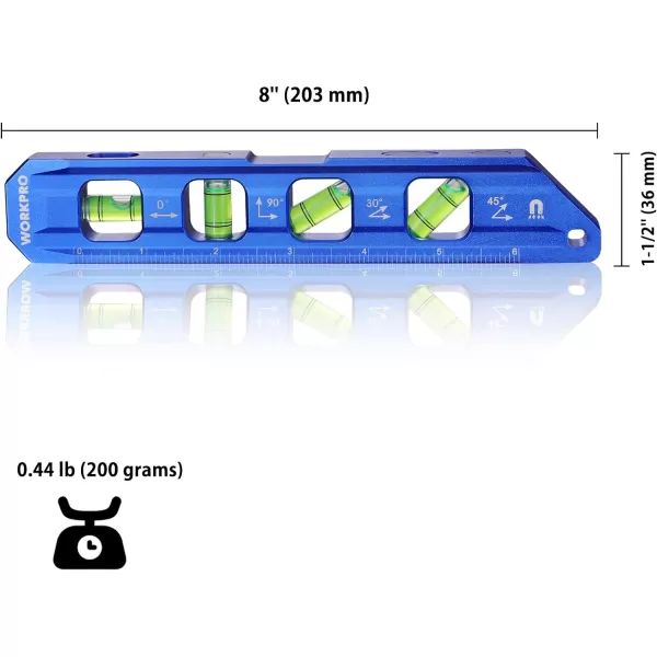 WORKPRO 8Inch Magnetic Torpedo Level Aluminum Alloy Construction 4 Bubble Vials for 0904530 Measurements Cobalt BlueWORKPRO 8Inch Magnetic Torpedo Level Aluminum Alloy Construction 4 Bubble Vials for 0904530 Measurements Cobalt Blue