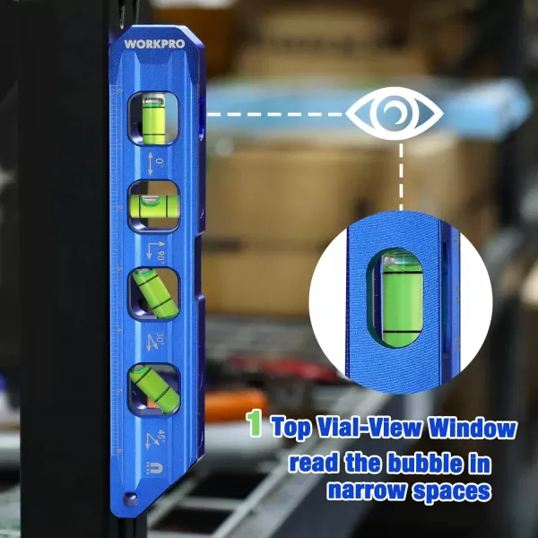 WORKPRO 8Inch Magnetic Torpedo Level Aluminum Alloy Construction 4 Bubble Vials for 0904530 Measurements Cobalt BlueWORKPRO 8Inch Magnetic Torpedo Level Aluminum Alloy Construction 4 Bubble Vials for 0904530 Measurements Cobalt Blue