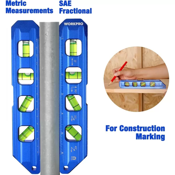 WORKPRO 8Inch Magnetic Torpedo Level Aluminum Alloy Construction 4 Bubble Vials for 0904530 Measurements Cobalt BlueWORKPRO 8Inch Magnetic Torpedo Level Aluminum Alloy Construction 4 Bubble Vials for 0904530 Measurements Cobalt Blue