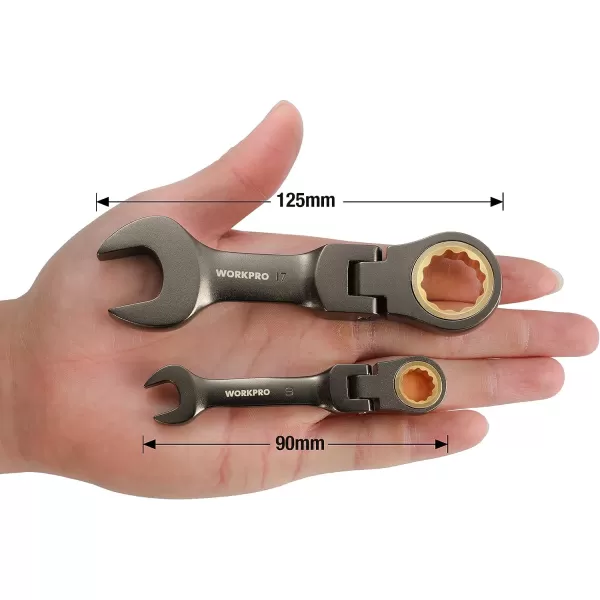 WORKPRO 8Piece FlexHead Stubby Ratcheting Combination Wrench Set SAE 51634 in 72Teeth CRV Nickel Plating with Rolling PouchMetric