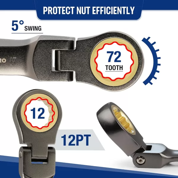 WORKPRO 8Piece FlexHead Stubby Ratcheting Combination Wrench Set SAE 51634 in 72Teeth CRV Nickel Plating with Rolling PouchMetric