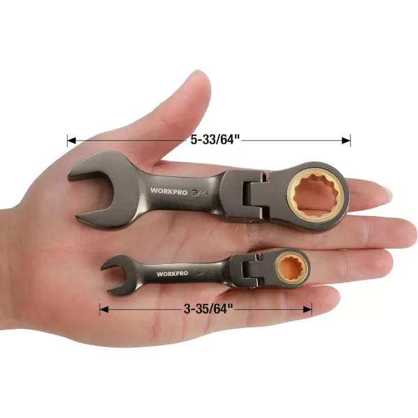 WORKPRO 8Piece FlexHead Stubby Ratcheting Combination Wrench Set SAE 51634 in 72Teeth CRV Nickel Plating with Rolling PouchSAE