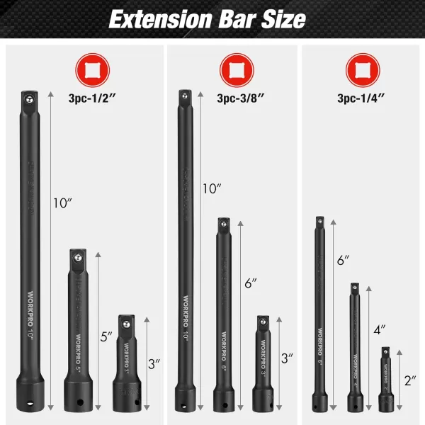 WORKPRO 9 PCS Impact Driver Extension Bar Set 14 38 and 12 Drive Socket Extension Premium Chrome Vanadium Steel with Black Phosphate Finish Storage Tray IncludedWORKPRO 9 PCS Impact Driver Extension Bar Set 14 38 and 12 Drive Socket Extension Premium Chrome Vanadium Steel with Black Phosphate Finish Storage Tray Included