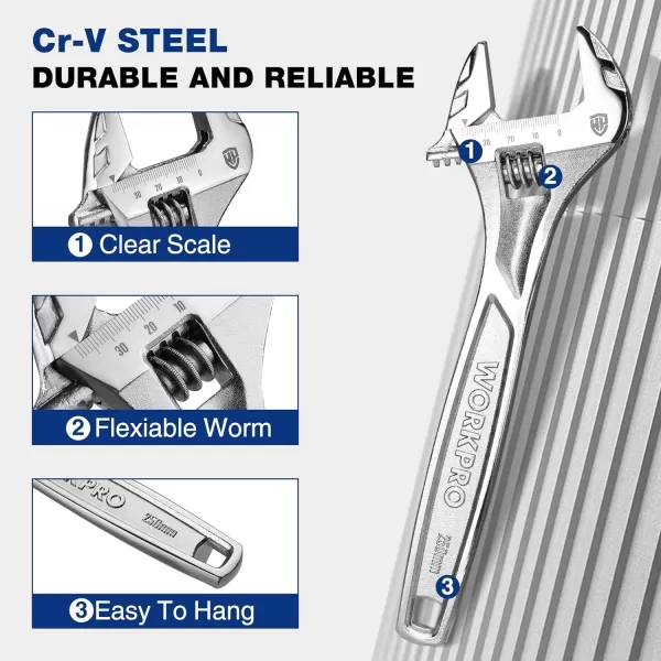 WORKPRO Adjustable Wrench 6inch Heavy Duty Spanner with InchMetric Scale Premium CrV Steel Chrome Plated10 Inch