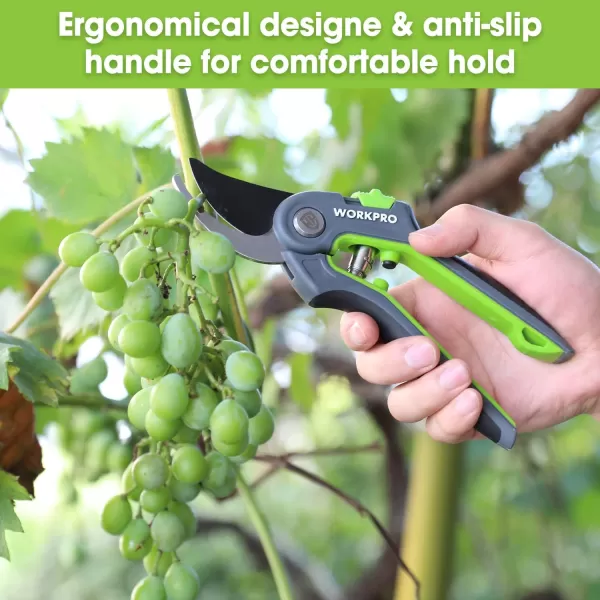 WORKPRO Anvil Pruning Shears 8 Professional Gardening Hand Pruner with SK5 Steel Sharp Blades Ideal Gardening Tool for Cutting and Trimming GreenBypass