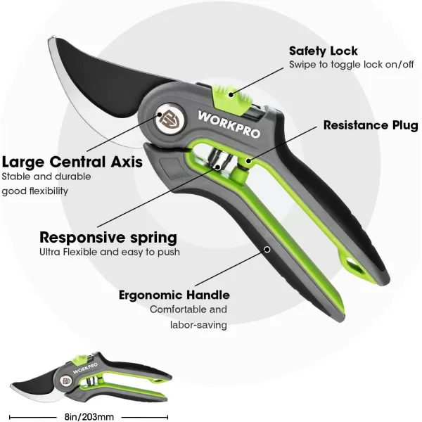 WORKPRO Anvil Pruning Shears 8 Professional Gardening Hand Pruner with SK5 Steel Sharp Blades Ideal Gardening Tool for Cutting and Trimming GreenBypass