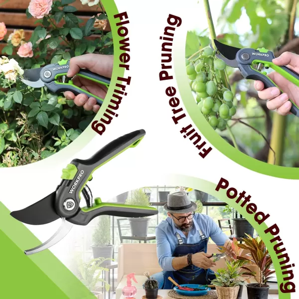 WORKPRO Anvil Pruning Shears 8 Professional Gardening Hand Pruner with SK5 Steel Sharp Blades Ideal Gardening Tool for Cutting and Trimming GreenBypass