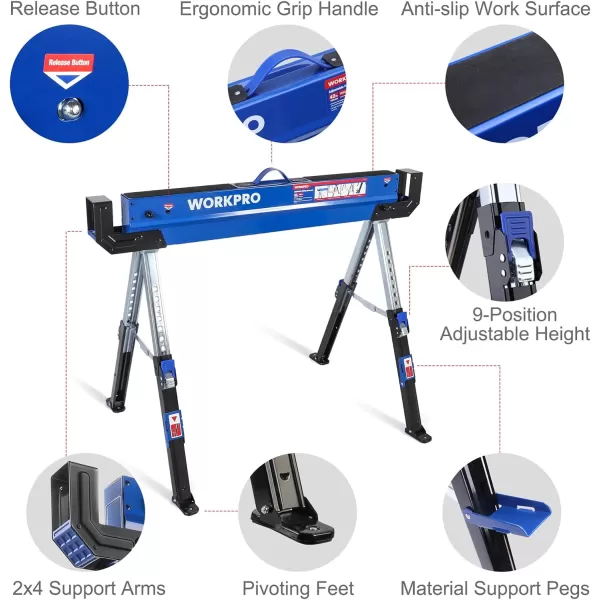 WORKPRO Folding Sawhorse 2Pack Adjustable Heavy Duty Saw horse with 2x4 Support Arms 3000 lbs Load Capacity 2432 inch Height Adjustable Legs Pivoting Feet amp Support Pegs2Pack Upgraded