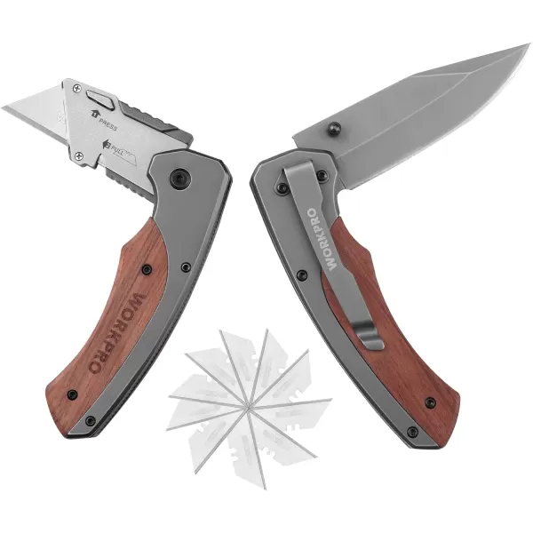 WORKPRO Folding Utility Knife amp EDC Pocket Knife QuickChange Wood Handle Razor Box Cutter and Foldable Knife Kit with Extra 10PC SK5 Blades for Indoor and Outdoor ActivitiesWORKPRO Folding Utility Knife amp EDC Pocket Knife QuickChange Wood Handle Razor Box Cutter and Foldable Knife Kit with Extra 10PC SK5 Blades for Indoor and Outdoor Activities