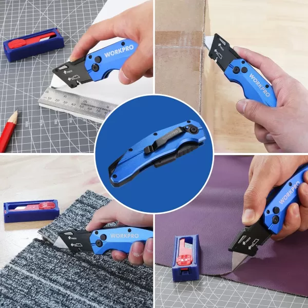 WORKPRO FoldingnbspUtility Knife Heavy Duty Metal Quick Open Axis Lock Box Cutter Quick Change Blade Razor Knife 1PC with 10 Extra SK5 BladesBlue