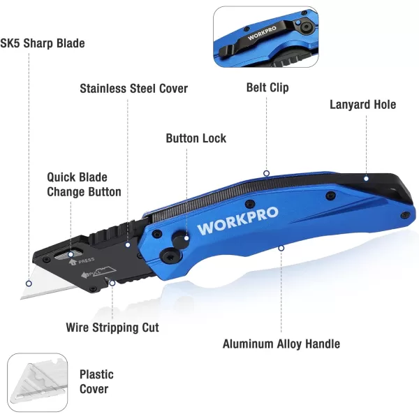 WORKPRO FoldingnbspUtility Knife Heavy Duty Metal Quick Open Axis Lock Box Cutter Quick Change Blade Razor Knife 1PC with 10 Extra SK5 BladesBlue