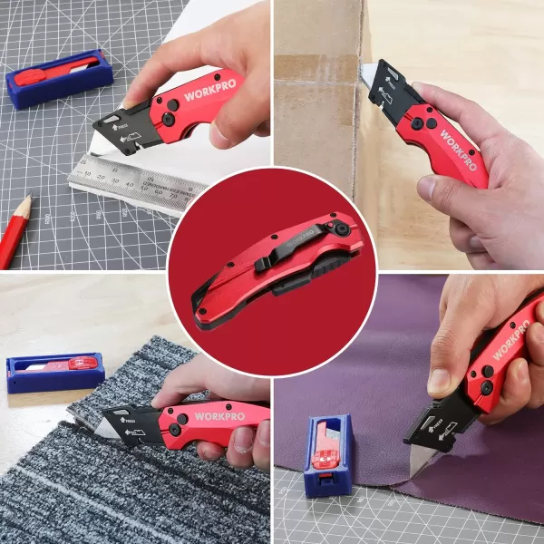 WORKPRO FoldingnbspUtility Knife Heavy Duty Metal Quick Open Axis Lock Box Cutter Quick Change Blade Razor Knife 1PC with 10 Extra SK5 BladesRed