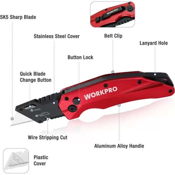 WORKPRO FoldingnbspUtility Knife Heavy Duty Metal Quick Open Axis Lock Box Cutter Quick Change Blade Razor Knife 1PC with 10 Extra SK5 BladesRed