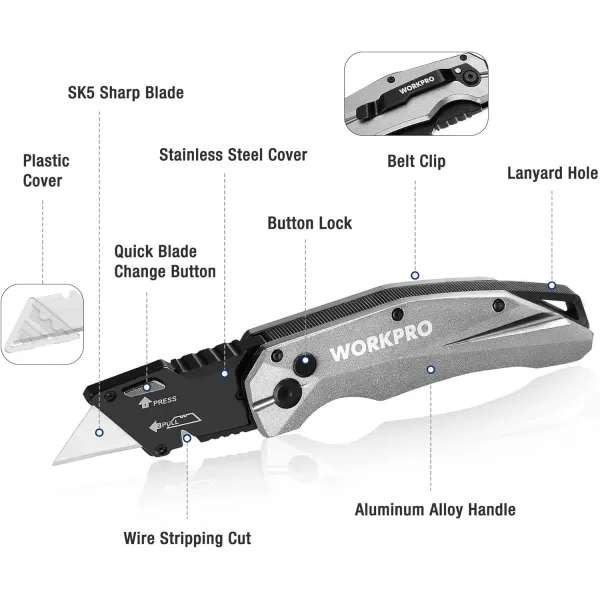 WORKPRO FoldingnbspUtility Knife Heavy Duty Metal Quick Open Axis Lock Box Cutter Quick Change Blade Razor Knife 1PC with 10 Extra SK5 BladesSilver