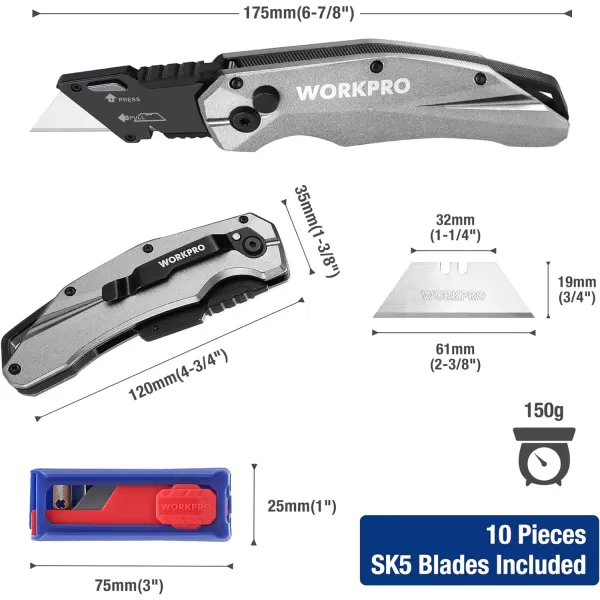 WORKPRO FoldingnbspUtility Knife Heavy Duty Metal Quick Open Axis Lock Box Cutter Quick Change Blade Razor Knife 1PC with 10 Extra SK5 BladesSilver
