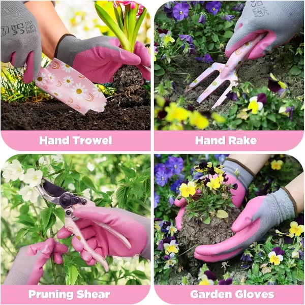 WORKPRO Garden Tool Set 5 Pieces Gardening Work Gifts Cast Aluminum Outdoor Hand Tools Kit for Men and Women Including Trowel Transplanter Weeder Hand Fork CultivatorPink with bag