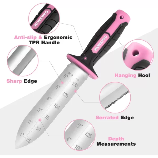 WORKPRO Hori Hori Garden Knife 7 Stainless Steel Blade with Cutting Edge Garden Tools with Oxford Sheath Ergonomic TRP Handle with Hanging Hole for Weeding Planting Digging PinkPink