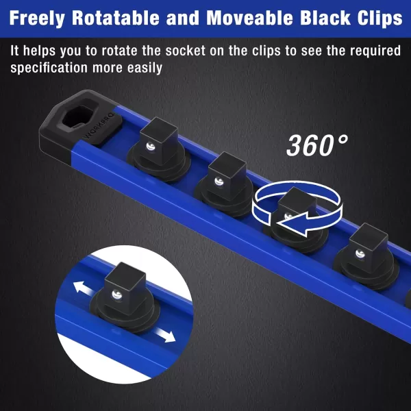 WORKPRO Magnetic Socket Organizer Set 3Piece Aluminum Alloy Socket Rail Heavy Duty Socket Holder Socket Rack Kit 14Inch x 12 Clips 38Inch x 10 Clips 12Inch x 10 Clips Blue12 DR Blue