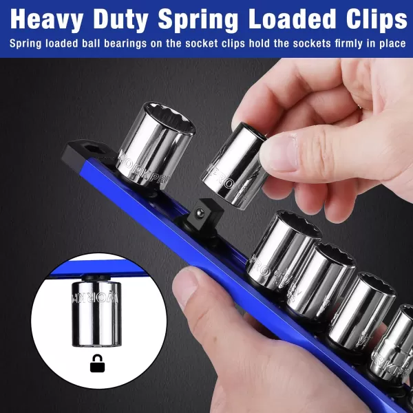 WORKPRO Magnetic Socket Organizer Set 3Piece Aluminum Alloy Socket Rail Heavy Duty Socket Holder Socket Rack Kit 14Inch x 12 Clips 38Inch x 10 Clips 12Inch x 10 Clips Blue12 DR Blue