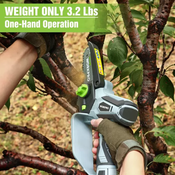 WORKPRO Mini Chainsaw 63 Brushless Cordless Power Compact Chain Saw with 40Ah Battery 20V OneHand Operated Portable Wood Saw with Replacement Chain for Garden Tree Branch Pruning Wood Cutting12V